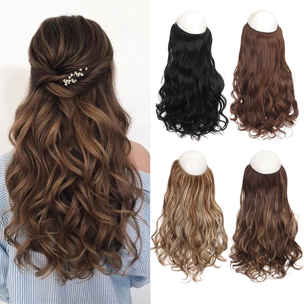 XUANGUANG 24 inch Fish Line Extensions Synthetic Hair Invisible Wire No Clips In Straight Wavy | Шиньоны и парики