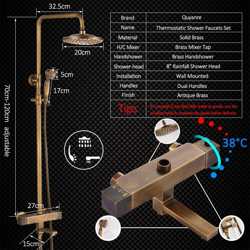 

Vidric Vidric Antique Brass Thermostatic Shower Faucets Set Brass Rainfall Shower Mixer Tap Swivel Tub Spout Bathroom Shower Fa