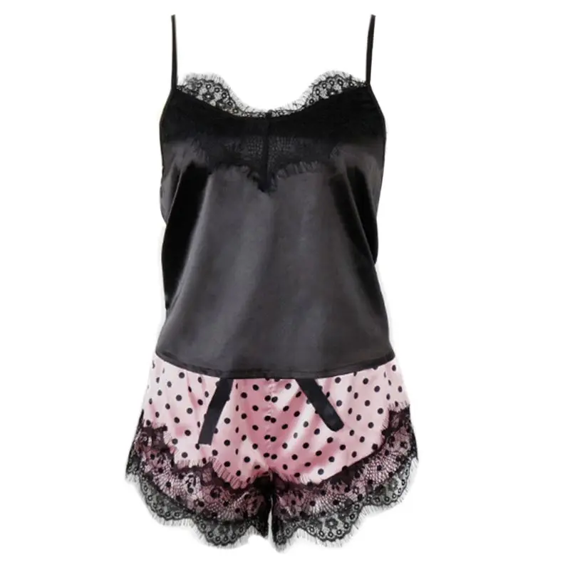 

Women Summer Sexy Eyelash Lace 2Pcs Pajamas Set V-Neck Camis Top Bowknot Polka Dot Shorts Silky Lingerie Nightwear