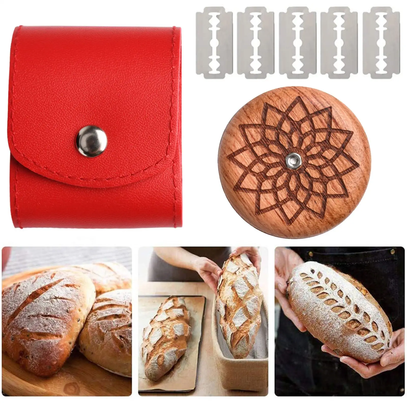 Bread Lame Cutter Leather Bag 5 Blades Wooden French Bread Scorer Dough Scoring Slashing Tool Sourdough Bakers dough cutter dough scoring knife bread cutter