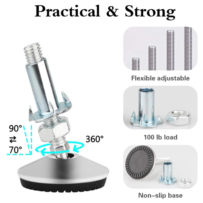 4Pcs/Set 50mm Swivel Adjustable Leveling Feet, Furniture Leveler Foot with T Nut Bolt, Screw On Cabinet Table Workbench Chair
