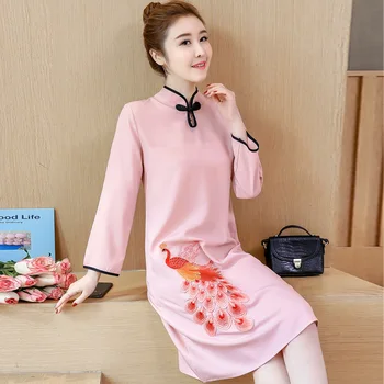 

Long Sleeve Phoenix Embroidery Improved Cheongsam Qi Pao Chinese Style Dress Modern Cheongsam Women Qipao Short Cheongsam Dress