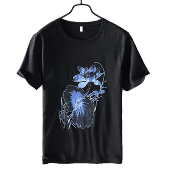 

2020 summer men's Linen t-shirt men's short sleeve round neck Chinese ink painting printed cotton and linen T-Shirt Tops tee