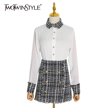 

TWOTWINSTYLE Patchwork Hit Color Women's Set Lapel Collar Long Sleeve Shirts High Waist Plaid Skirts Female Suit 2020 Spring New