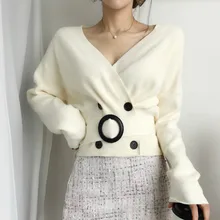 Зимние теплые женские свитера модный пояс Талия Короткие свитера v-образный вырез вязаный кардиган женский короткий Трикотаж Топы