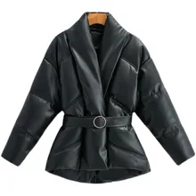 2022 New Fashion Women Winter Vintage Black Thick Warm Faux Leather Parkas Female Elegant PU Zipper Belt Padded Jacket Overcoats