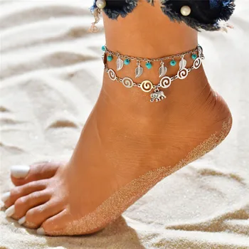 

VAGZEB Vintage Multiple Layers Anklets For Women Retro Elephant Leaves Bead Pendant Foot Jewelry Barefoot Sandals Ankle Bracelet