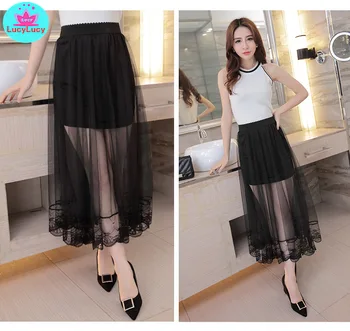 

2019 summer women's Korean style fashion sexy mesh lace black variety of flower skirts Knee-Length Pleated Solid Casual