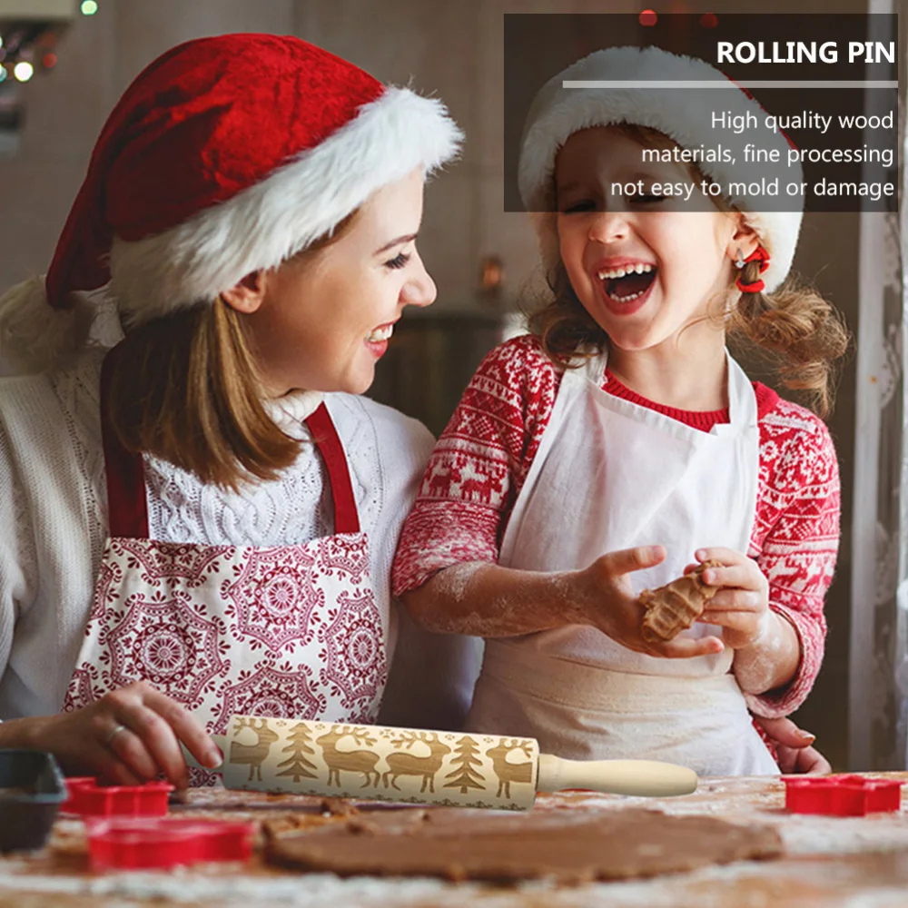 1pc Christmas Rolling Pin Pattern Dough Baking Roller Baking Pin for Bakery Home Kitchen