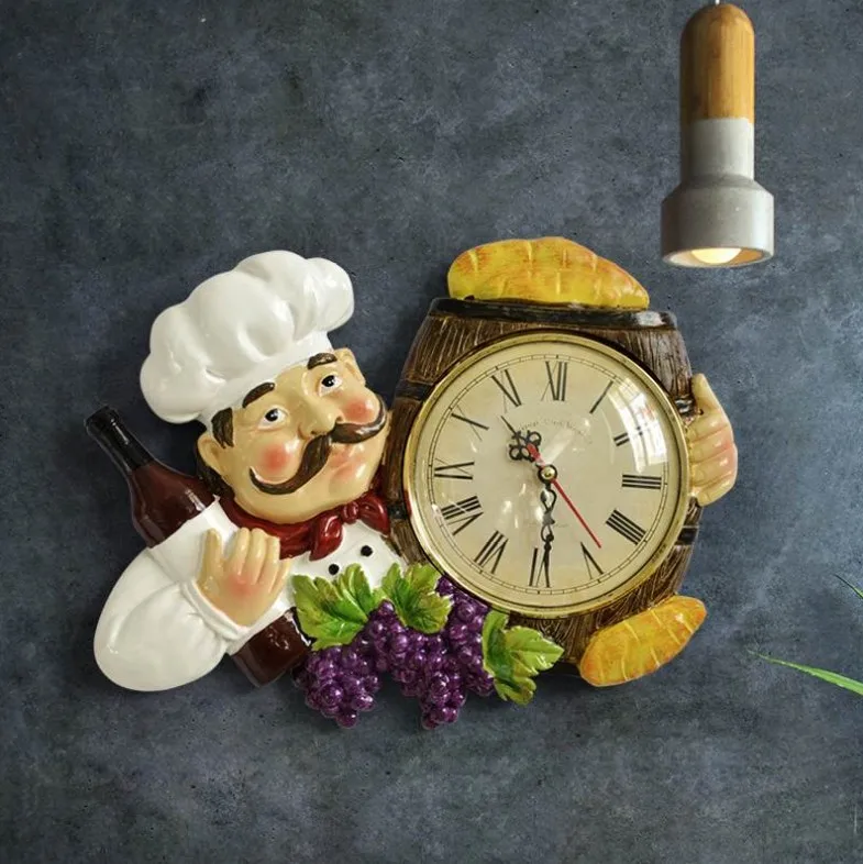 

Europe Vintage Wall Clock Home Decor Resin Chef Statue watch Mute Quartz Clock for living room Kitchen Wall Decor Hanging Clock