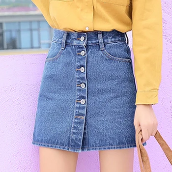 

Women Summer Denim Skirt Aline High Waist Jean Skirtsingle Button Female Casual Short Blue Skirt Woman Fashion Skirt Women2020