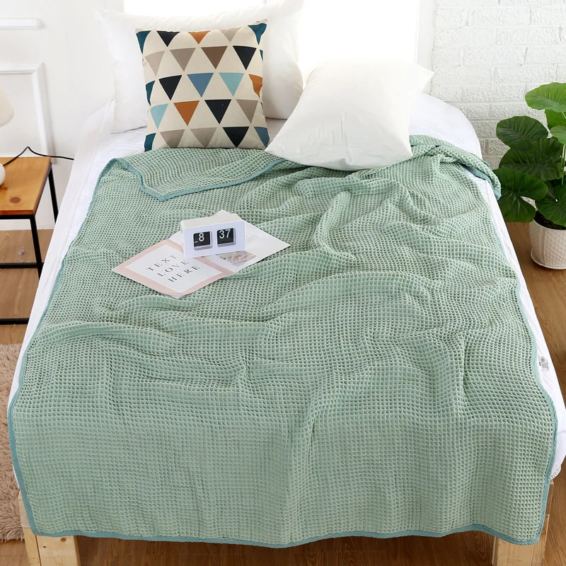 Хлопковое летнее одеяло с вафельным рисунком, одноцветное, для дивана, кровати, полотенца, Детское покрывало, покрывало с ворсом, покрывало для автомобиля, офиса, 110x130 см - Цвет: Green