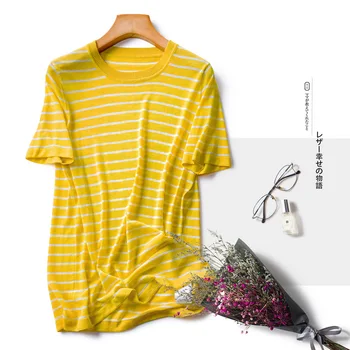 

2020 spring and summer new short-sleeved quality linen lyocell spring and summer must-have striped round neck T-shirt sea