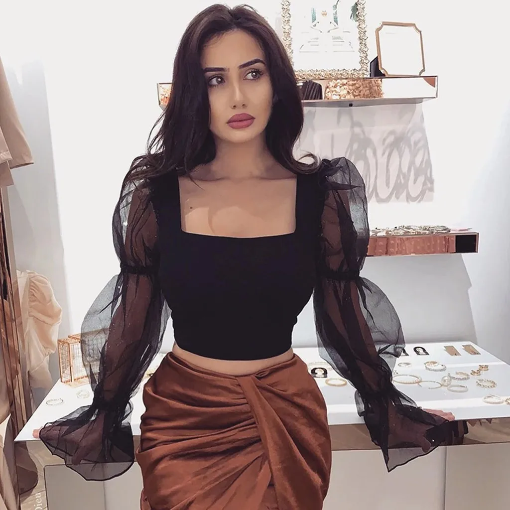 

Fashion Women Sexy Square Collar Mesh Pacthwork Solid Top Spring Summer Navel Trumpet Sleeve Vest Stitching Top Gift For Women