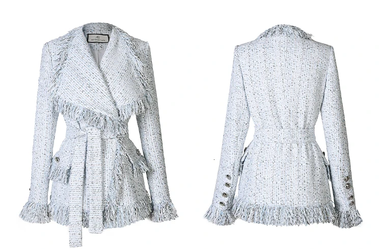Tweed Jacket Coat Women Autumn Winter Wool Overcoat Female Luxury Brand Runway Tassel Coat With Belt Chic Checkered Lady Outwear