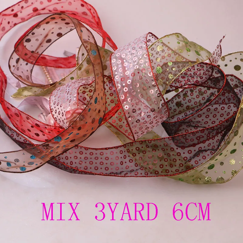 6cm MIX 3yard 3 ярда DIY аксессуары лента с проволочной кромкой, Жесткая сетка, лента, Золотая лента, декоративная подарочная коробка с деревом, бант Упаковка - Цвет: 6cm MIX 3yard