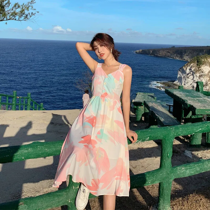 

Strapped Dress Women's Floral Pink French GIRL'S Platycodon Grandiflorum First Love Skirt Summer Chiffon Waist Hugging Slimming