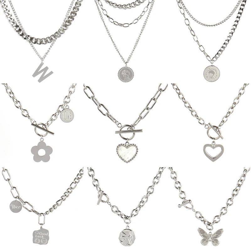Multilayer Necklace Stainless Steel Chain Necklaces For Women Coin Heart Pendant Jewelry | Украшения и аксессуары