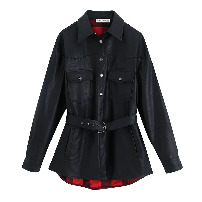9571 Black Новинка, Модные женские осенние зимние черные Куртки из искусственной кожи, базовое пальто на молнии с отложным воротником, байкерская куртка с поясом - Цвет: 9571 Black