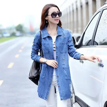 

2019 Women Winter Plus Size 5Xl Denim Jacket Button Turn-Down Collar Autumn Outerwear Single Breasted Long Overcoat