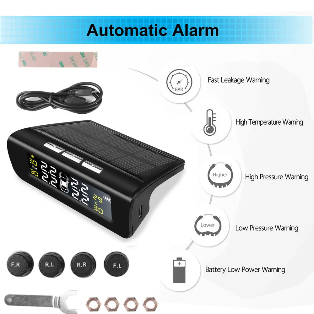 

External Sensors Car TPMS Tire Pressure Monitoring System Solar Energy Digital Display Auto tyre Security Alarm meter gauge