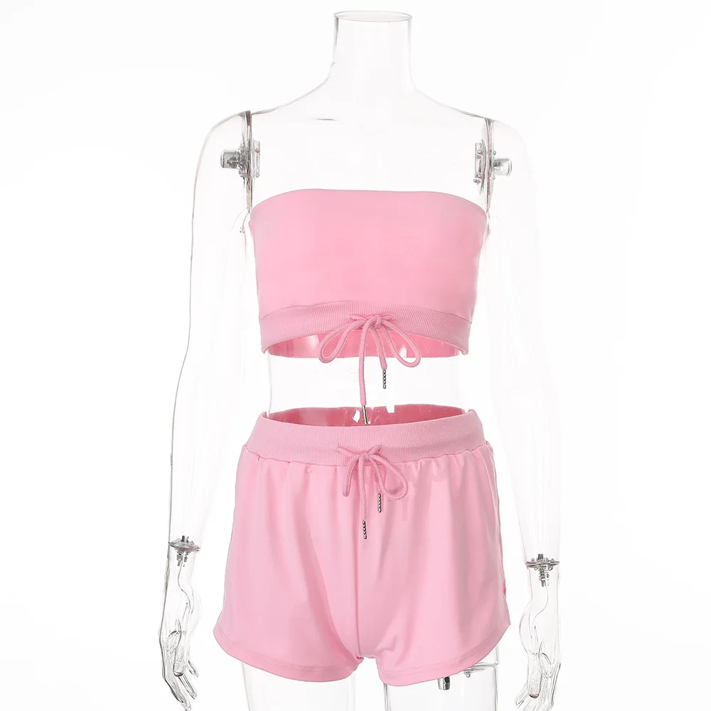 Summer 2 Piece Sets Women Bandage Drawstring Strapless Crop Top Short Pants Jogging Tracksuit Ladies Sport Set Hoodies Outfits