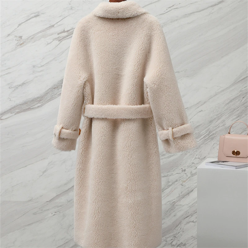 Зимнее новое пальто из зернистой овечьей шерсти Женская длинная куртка из искусственной шерсти Мех из композитного меха один длинный рукав теплая шуба H00856