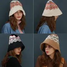 Женская зимняя вязаная крючком шапка с широкими полями для девочек, этническая винтажная жаккардовая Складная теплая Рыбацкая шляпа с волнистыми полосками