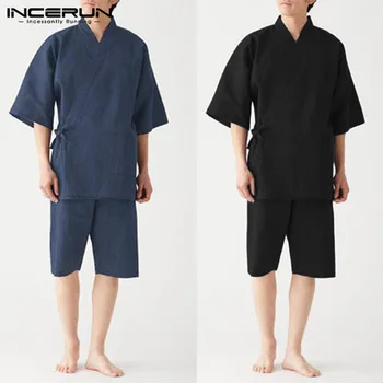 

INCERUN Leisure Pajamas Sets Men Nightwear Suits Cotton Solid Color Lace Up Half Sleeve V Neck Blouse Casual Shorts Nightclothes