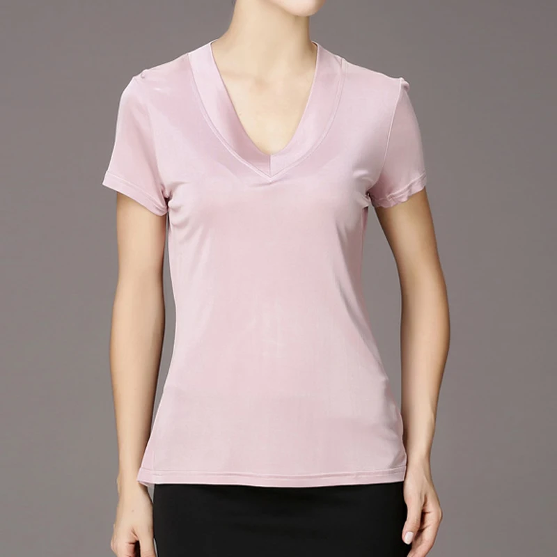 Women's T-Shirt 100% Pure Silk Knitted Lady V
