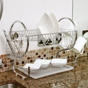 

2 Tier Universal Home Kitchen Organizer Chrome Plate Dish Cup Cutlery Drainer Rack Drip Tray Plates Storage Holder
