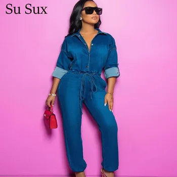 

JCasual Jeans Jumpsuits Rompers Women Plus Size Denim Jumpsuit Long Sleeve Turn-down Collar Playsuit Outfits Female 2020 Vestido