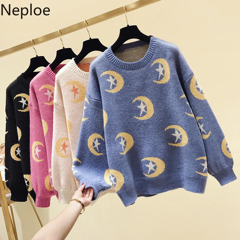

Neploe Loose Fashion Knitted Pullover Moon Printed O-Neck Long Sleeve Sweater Knitting Oversized Korean Ladies Jumper Tops 54967