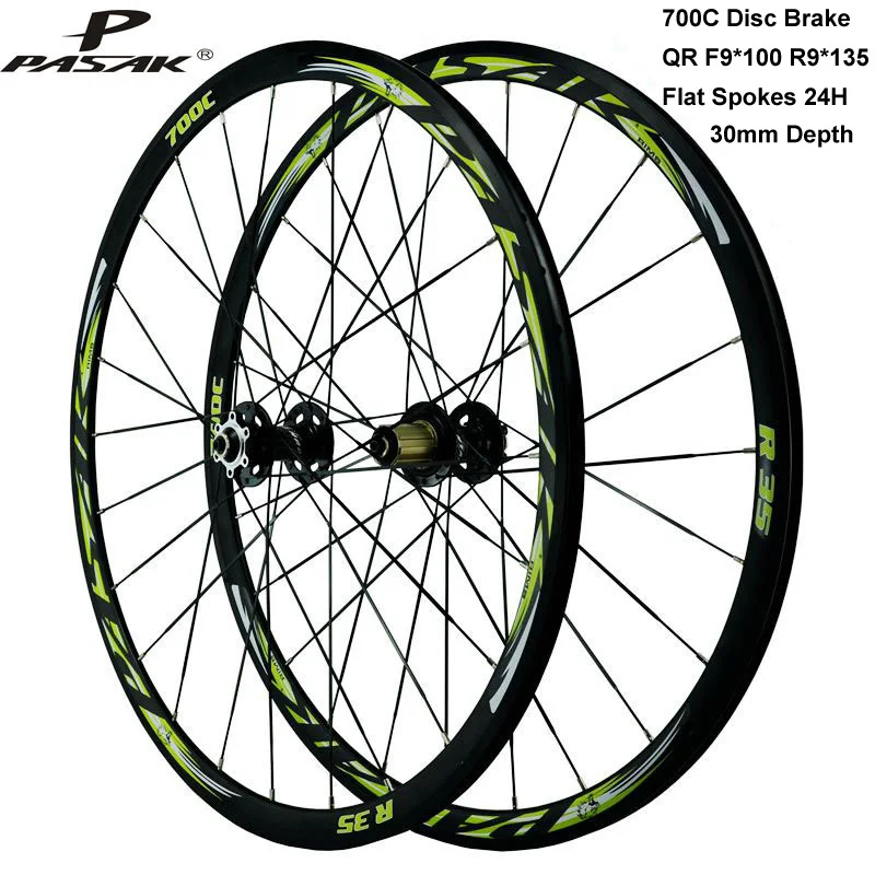Pasak Road Bike Wheelset 700c Disc Brake Flat Spoke 24 Holes 30mm Depth QR F9x100 R9x135mm Alu Rim 29er Wheelset V Clamp Brake