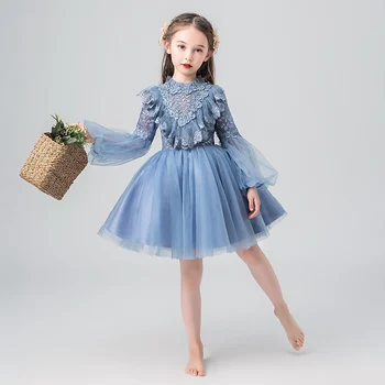 

Blue Girls O-neck Long Sleeve Evening Dress Casual Baby Girls Summer Clothes for Kids Birthday Party Girl's Short Dress Vestido