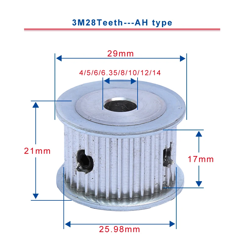 

3M28 teeth timing pulley bore diameter 4/5/6/6.35/8/10/12/14 mm total height 21mm teeth pitch 3mm for 15 mm width belt