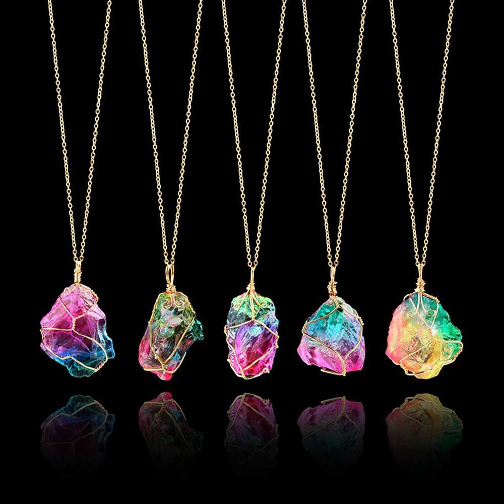 Irregular Rainbow Stone Pendant Natural Crystal Chakra Rock Necklace Gold Color Chain Quartz for Women Gifts | Украшения и