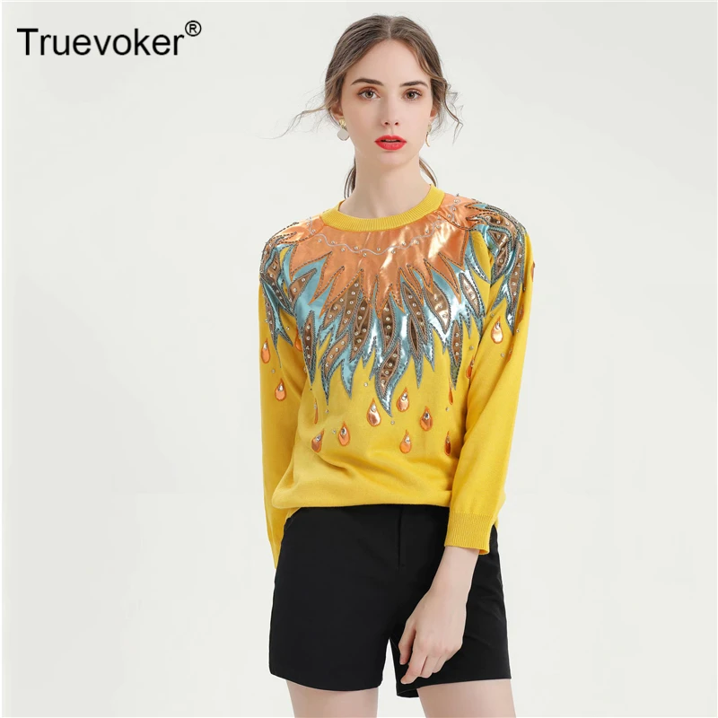 

Truevoker Runway Designer Sweater Women's Long Sleeve Luxury Beading Sequins Yellow Knitted Pullover European Boutique Jumper