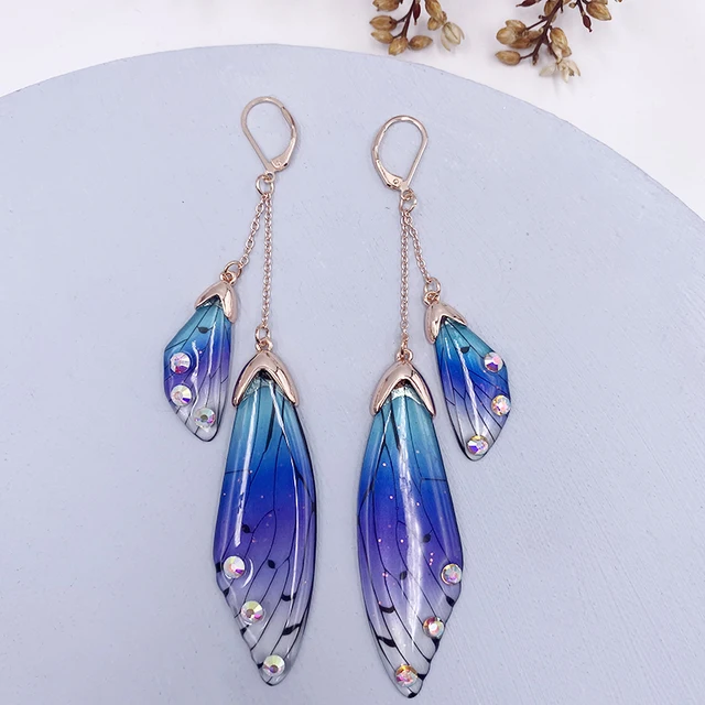 Fairy Resin Butterfly Earrings for Women Shining Crystal Flake Double Wing Long Drop Earrings Ladies Wedding Party Jewelry 2020 RoseGold-