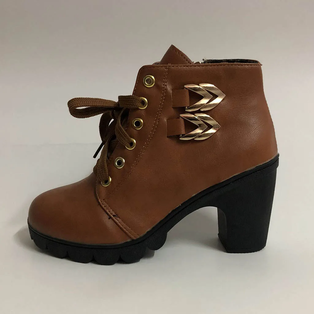boots women botines mujer 2019 Women Pure Color Square Heel Lace-Up Suede Boots Retro Boots Round Toe Shoes ботильоны