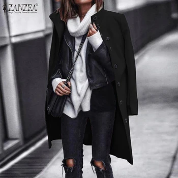 

Autumn Casual Long Jackets ZANZEA Winter Fashion Work Coats Women Solid Turtleneck Long Sleeve Woolen Outwear Cardigan Outerwear