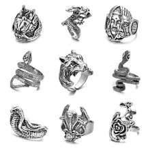 Punk retro dragão crânio cobra lobo anéis para homem hip hop aberto ajustável design animal dedo anel exagerar masculino jóias presentes