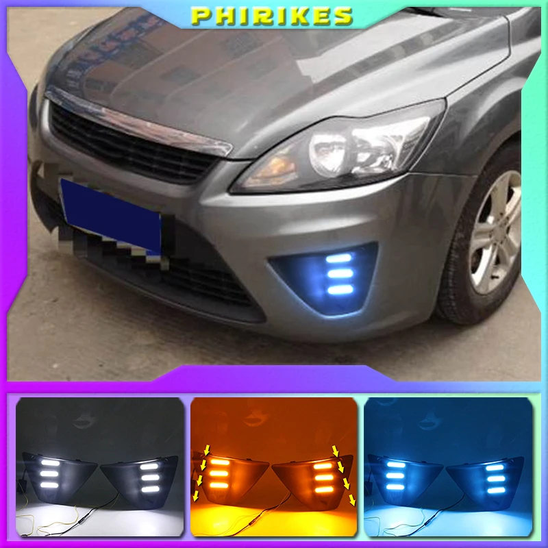 

Светодиодные дневные ходовые огни для Ford Focus 3 2009-2012, водонепроницаемые, 12 В, желтый индикатор поворота, ламсветильник для бампера, светодиодные дневные ходовые огни
