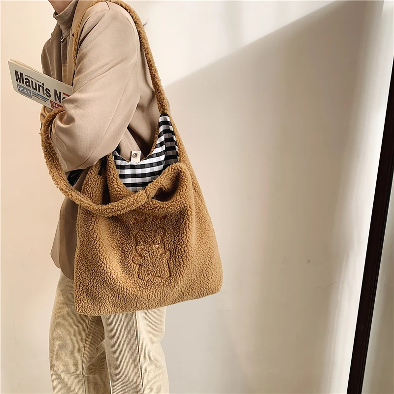 Plush Shoulder Bags For Women Simple Fashion Warm Fabric Large Capacity Shopping Bag Soft Canvas Tote Ladies Cute Bear Handbags