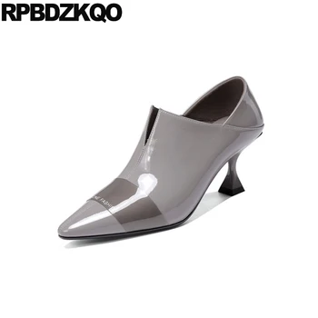 

genuine leather women pumps stiletto gray thin pointed toe slip on 2019 fashion shoes brand size 33 high quality heels patent