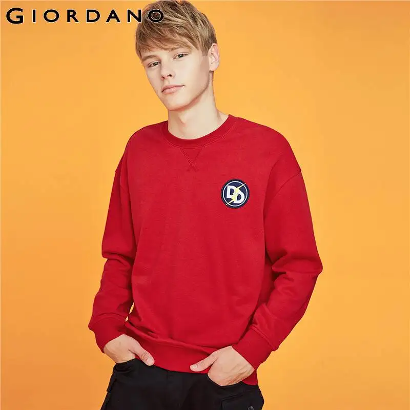  Giordano Men Sweatshirt Ribbed Crewneck Embroidery Pullover Long Sleeve Banded Cuffs and Hem Moleto