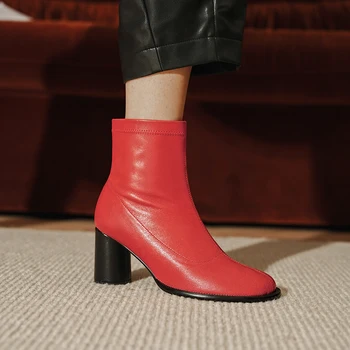 

Genuine Leather rouned High Heels boots Shoes Women Vintage Women'S Boots Wedding Party Shoes Woman black red yellow