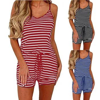 

Female Summer Playsuit New Striped Pattern Loose Shorts Casual Bodysuit Women Sexy V-neck Sleeveless Jumpsuit Romper Femme Hot