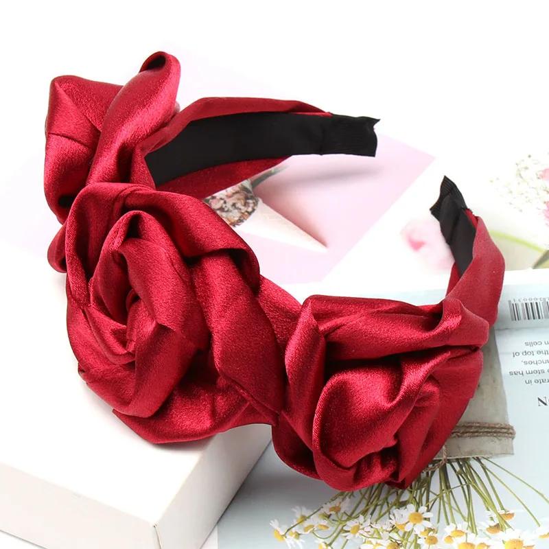 Однотонный Шифоновый Цветок Розы ободки для женщин девушек элегантные повязки для волос невесты женские аксессуары для волос вечерние праздничные волосы обруч - Цвет: Red (Satin)