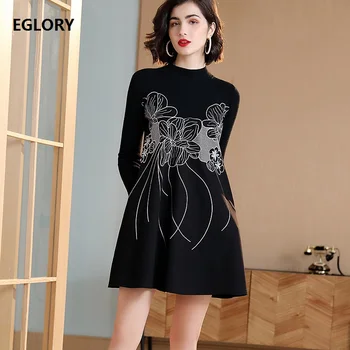 

High Quality Knitted Dress 2019 Autumn Winter Pullover Dress Women Lurex Embroidery Long Sleeve Black Sweater Dress Above Knee